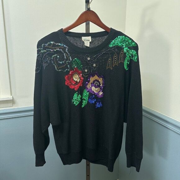 Vintage Mister Noah Beaded Sequin Floral Design Pullover Sweater Size Large - Picture 1 of 5